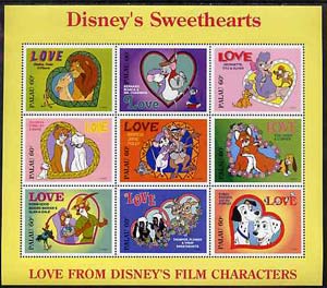 Palau 1996 Disney Sweethearts sheetlet containing set of 9 x 60c values unmounted mint, SG 1001-09, stamps on , stamps on  stamps on disney, stamps on films, stamps on cinema, stamps on love