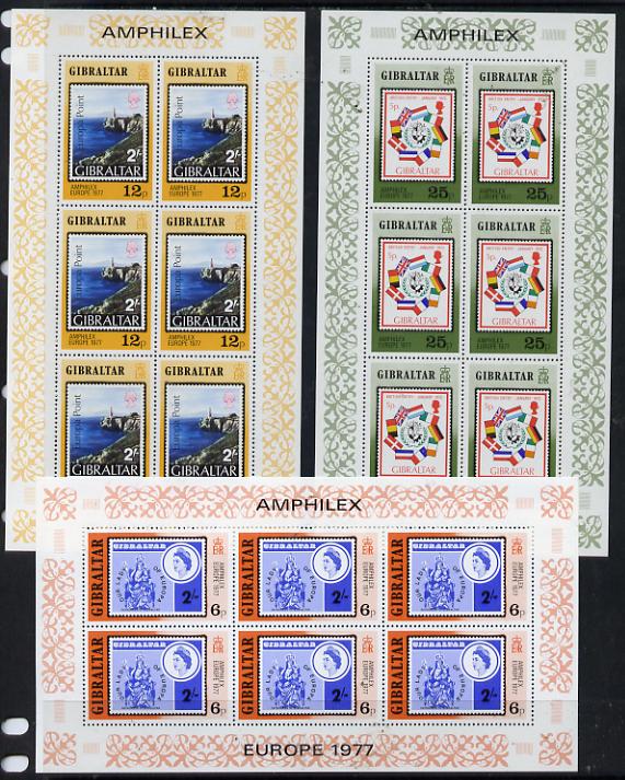 Gibraltar 1977 'Amphilex 77' Stamp Exhibition set of 3 sheetlets each containing 6 values, unmounted mint SG 390-92, stamps on , stamps on  stamps on lighthouses, stamps on  stamps on europa, stamps on  stamps on flags, stamps on  stamps on stamp exhibitions, stamps on  stamps on stamp on stamp, stamps on  stamps on stamponstamp