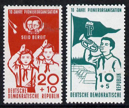 Germany - East 1958 Tenth Anniversary of East German Pioneer Organisation set of 2, SG E384-85 unmounted mint*, stamps on scouts