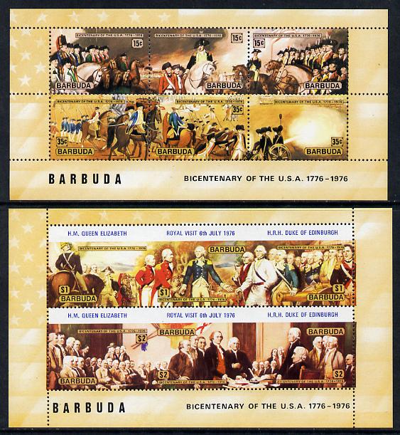 Barbuda 1976 USA Bicentenary the 2 m/sheets unmounted mint, SG MS 261, stamps on constitutions   history     battles     americana