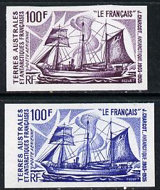 French Southern & Antarctic Territories 1974 Charcot's Antarctic Voyages 100f (Le Francais) two different Imperf colour trial proofs unmounted mint as SG 93, stamps on , stamps on  stamps on ships, stamps on  stamps on polar