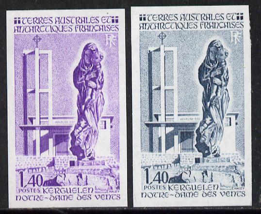 French Southern & Antarctic Territories 1983 Church of Our Lady of The Winds 1f40 (Statue of Virgin & Child) two different Imperf colour trial proofs unmounted mint, as SG 171, stamps on , stamps on  stamps on churches, stamps on  stamps on statues, stamps on  stamps on weather