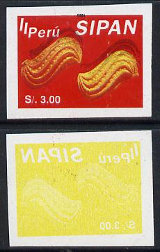 Peru 1994 Jewels from Sipan (2nd Series) 3s value  (gold trinkets) imperf proof with black printing inverted (date and shading detail) plus 100% offset of yellow on gummed side (minor wrinkles) as SG 1830*, stamps on jewellry     minerals