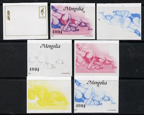 Mongolia 1996 Atlanta Olympics 400t (Wrestling) set of 7 imperf progressive proofs comprising the 5 individual colours plus 2 and 3-colour composites unmounted mint, stamps on olympics, stamps on sport, stamps on wrestling