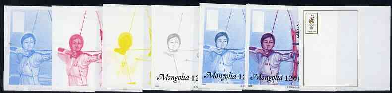 Mongolia 1996 Atlanta Olympics 120t (Archery) set of 7 imperf progressive proofs comprising the 5 individual colours plus 2 and 3-colour composites unmounted mint, stamps on , stamps on  stamps on olympics, stamps on  stamps on sport, stamps on  stamps on archery