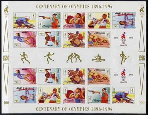 Mongolia 1996 Atlanta Olympics (Centenary) sheetlet containing 2 sets of 9 (plus label) imperf progressive proofs comprising the 5 individual colours plus 2, 3 and all 5-colour composites, exceptionally scarce unmounted mint, stamps on , stamps on  stamps on olympics    sport    gymnastics   weightlifting    shooting   bicycles    wrestling    horses    archery    boxing    hurdling, stamps on  stamps on  gym , stamps on  stamps on gymnastics, stamps on  stamps on 