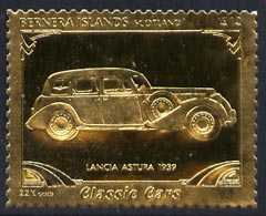 Bernera 1985 Classic Cars - 1939 Lancia Astura \A312 value perforated & embossed in 22 carat gold foil unmounted mint, stamps on cars    lancia