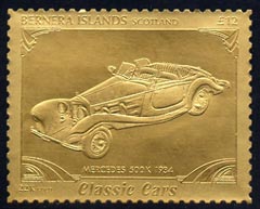 Bernera 1985 Classic Cars - 1934 Mercedes \A312 value perforated & embossed in 22 carat gold foil unmounted mint, stamps on cars    mercedes