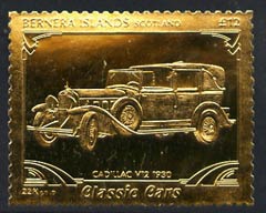 Bernera 1985 Classic Cars - 1930 Cadillac V12 \A312 value perforated & embossed in 22 carat gold foil unmounted mint, stamps on cars    cadillac