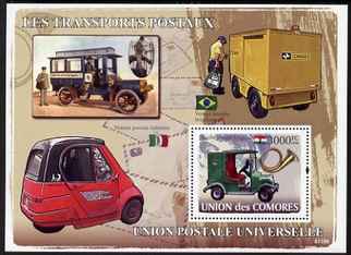 Comoro Islands 2008 Postal Vehicles perf s/sheet unmounted mint Michel BL437, stamps on , stamps on  stamps on transport, stamps on  stamps on postal, stamps on  stamps on buses, stamps on  stamps on trucks