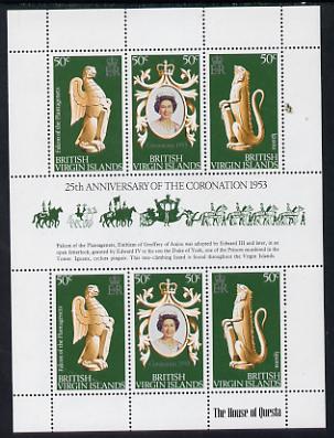 British Virgin Islands 1978 Coronation 25th Anniversary sheetlet (QEII, Iguana & Falcon) SG 384a unmounted mint, stamps on reptiles, stamps on birds of prey, stamps on royalty, stamps on coronation, stamps on arms, stamps on heraldry, stamps on falcon