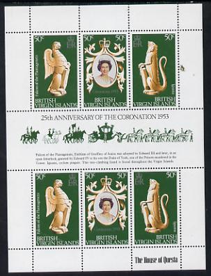 British Virgin Islands 1978 Coronation 25th Anniversary sheetlet (QEII, Iguana & Falcon) SG 384a unmounted mint, stamps on , stamps on  stamps on reptiles, stamps on birds of prey, stamps on royalty, stamps on coronation, stamps on arms, stamps on  stamps on heraldry, stamps on falcon