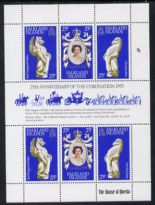 Falkland Islands 1978 Coronation 25th Anniversary sheetlet (QEII, Dragon & Ram) unmounted mint SG 348a, stamps on dragon, stamps on ram, stamps on royalty, stamps on coronation, stamps on arms, stamps on heraldry