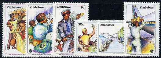 Zimbabwe 1983 World Communications Year set of 6 unmounted mint, SG 630-35*, stamps on communications      railways     trucks     postman    bicycles     aviation     printing     