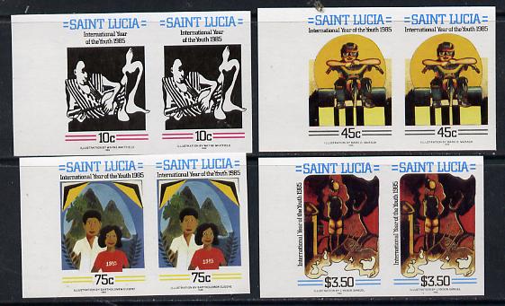 St Lucia 1985 Int Youth Year set of 4 each in unmounted mint imperf pairs (SG 841-44var), stamps on , stamps on  stamps on children  scouts