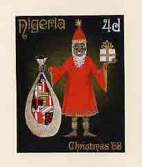 Nigeria 1968 Christmas (unissued) - original hand-painted artwork for 4d value showing Black Santa on board 4Ý x 5.5 endorsed 2, stamps on christmas, stamps on santa