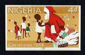 Nigeria 1968 Christmas (unissued) original hand-painted artwork prepared by Harrisons & Sons for 4d value showing Santa & black children, on Harrison & Sons board 7x4 end..., stamps on christmas, stamps on santa