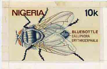Nigeria 1986 Insects - original hand-painted artwork for 10k value (Bluebottle) by NSP&MCo Staff Artist Samuel Eluare on card 8.5 x 5, stamps on insects