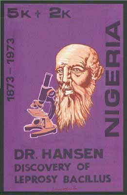 Nigeria 1973 Centenary of Discovery of Leprosy Bacillus - original hand-painted artwork for 5k + 2k value (Showing Dr Hansen & Microscope) by unknown artist on card 6 x 9 endorsed 'unacceptable', stamps on , stamps on  stamps on medical, stamps on  stamps on microscopes, stamps on  stamps on diseases