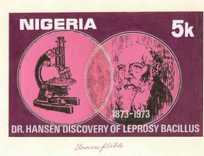 Nigeria 1973 Centenary of Discovery of Leprosy Bacillus - original hand-painted artwork for 5k value (Showing Dr Hansen & Microscope) by Olajide I Oshiga on card 9.5 x 6 ..., stamps on medical, stamps on microscopes, stamps on diseases