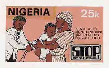 Nigeria 1984 Stop Polio Campaign - original hand-painted artwork for 25k value (Child receiving vaccine) by unknown artist on board 8.5 x 5, stamps on , stamps on  stamps on disabled, stamps on  stamps on diseases, stamps on  stamps on medical, stamps on  stamps on vaccines