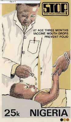 Nigeria 1984 Stop Polio Campaign - original hand-painted artwork for 25k value (Child receiving vaccine) by NSP&MCo Staff Artist Olukoya Ogunfowora on card 5 x 8.5 endorsed B2, stamps on disabled, stamps on diseases, stamps on medical, stamps on vaccines