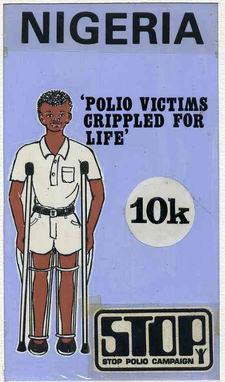 Nigeria 1984 Stop Polio Campaign - original hand-painted artwork for 10k value (Polio Victim) by unknown artist on card 5 x 8.5, stamps on , stamps on  stamps on disabled, stamps on  stamps on diseases, stamps on  stamps on medical, stamps on  stamps on 