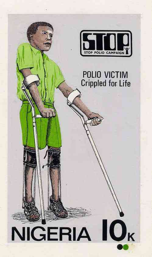 Nigeria 1984 Stop Polio Campaign - original hand-painted artwork for 10k value (Polio Victim) by NSP&MCo Staff Artist Olukoya Ogunfowora on card 5 x 8.5 endorsed A3, stamps on , stamps on  stamps on disabled, stamps on  stamps on diseases, stamps on  stamps on medical, stamps on  stamps on 