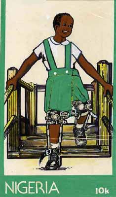 Nigeria 1984 Stop Polio Campaign - original hand-painted artwork for 10k value (Polio Victim) by S O Nwasike on card 5 x 8.5 endorsed A5, stamps on disabled, stamps on diseases, stamps on medical, stamps on 