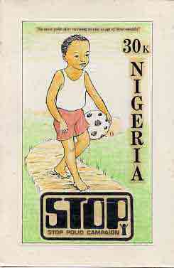 Nigeria 1984 Stop Polio Campaign - original hand-painted artwork for 30k value (Healthy Child) by Francis Nwaije Isibor on card 5 x 8.5 endorsed C5, stamps on disabled, stamps on diseases, stamps on medical, stamps on 