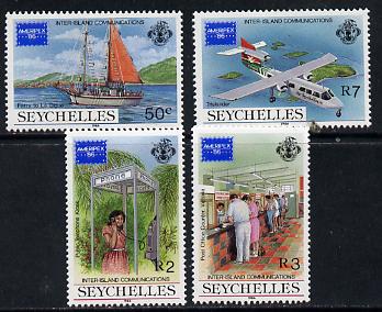 Seychelles 1986 Ameripex Stamp Exhibition set of 4 unmounted mint, SG 644-47, stamps on , stamps on  stamps on postal, stamps on  stamps on aviation, stamps on  stamps on ships, stamps on  stamps on phone, stamps on  stamps on communications, stamps on  stamps on stamp exhibitions