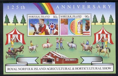 Norfolk Island 1985 Agricultural Show m/sheet unmounted mint, SG MS 373, stamps on , stamps on  stamps on agriculture, stamps on  stamps on rainbows, stamps on  stamps on pigs, stamps on  stamps on swine, stamps on  stamps on horses, stamps on  stamps on cattle, stamps on  stamps on bovine