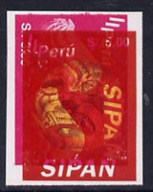 Peru 1994 Jewels from Sipan (2nd Series) 5s value  (gold mask) imperf proof comprising red, blue and yellow colours upright plus red from 3s value sideways unmounted mint as SG 1831*