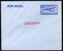 India 1957c 90np postal stationery envelope (Douglas DC-4) opt'd SPECIMEN, status uncertain, stamps on aviation    douglas dc-4