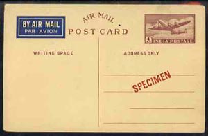 India 1947c 4as postal stationery envelope (Douglas DC-4) opt'd SPECIMEN, stamps on aviation    douglas dc-4, stamps on  kg6 , stamps on 