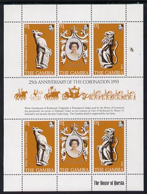 Gambia 1978 Coronation 25th Anniversary sheetlet (QEII, Lion & Greyhound) unmounted mint, SG 397a, stamps on , stamps on  stamps on cats, stamps on dogs, stamps on royalty, stamps on greyhound, stamps on coronation, stamps on arms, stamps on  stamps on heraldry