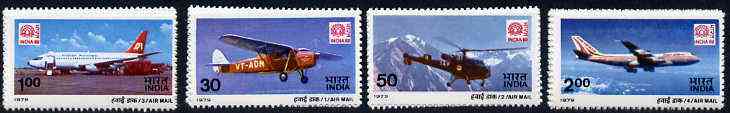 India 1979 India 80 International Stamp Exhibition (Mail-Carrying Aircraft) set of 4 unmounted mint, SG 942-45*, stamps on aviation, stamps on stamp exhibitions, stamps on boeing, stamps on 737, stamps on 747