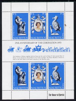 Mauritius 1978 Coronation 25th Anniversary sheetlet (QEII, Antelope & Dodo) SG 549a unmounted mint, stamps on , stamps on  stamps on dodo, stamps on  stamps on antelope, stamps on  stamps on royalty, stamps on  stamps on birds, stamps on  stamps on coronation, stamps on  stamps on arms, stamps on  stamps on heraldry