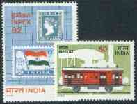 India 1982 'Inpex 82' International Stamp Exhibition set of 2 unmounted mint, SG 1070-71*, stamps on railways, stamps on stamp on stamp, stamps on flags      stamp exhibitions  , stamps on stamponstamp