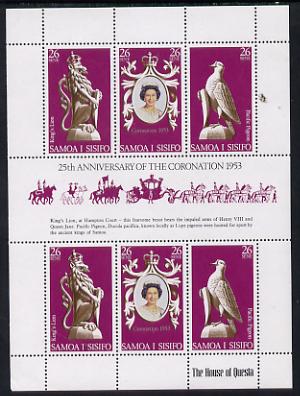 Samoa 1978 Coronation 25th Anniversary sheetlet (QEII, Pigeon & Lion) SG 508a unmounted mint, stamps on , stamps on  stamps on pigeon, stamps on  stamps on cats, stamps on  stamps on royalty, stamps on  stamps on birds, stamps on  stamps on coronation, stamps on  stamps on arms, stamps on  stamps on heraldry