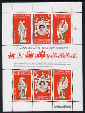 St Kitts-Nevis 1978 Coronation 25th Anniversary sheetlet (QEII, Falcon & Pelican) SG 389a unmounted mint, stamps on , stamps on  stamps on royalty, stamps on  stamps on birds of prey, stamps on  stamps on birds, stamps on  stamps on coronation, stamps on  stamps on arms, stamps on  stamps on heraldry, stamps on  stamps on falcons