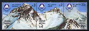 Nepal 1982 International Alpine Association se-tenant strip of 3 unmounted mint, SG 424-6, stamps on mountains