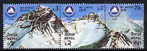 Nepal 1982 International Alpine Association se-tenant strip of 3 unmounted mint, SG 424-6, stamps on , stamps on  stamps on mountains