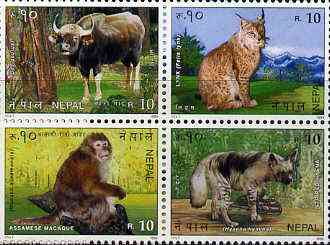 Nepal 1995 'Singapore 95' International Stamp Exhibition (Gaur, Lynx, Monkey, Hyena) set of 4 unmounted mint, SG 610-13, stamps on , stamps on  stamps on animals, stamps on  stamps on apes, stamps on  stamps on cats 