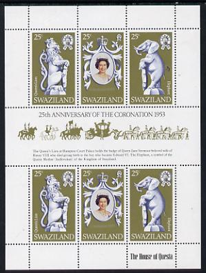 Swaziland 1978 Coronation 25th Anniversary sheetlet (QEII, Lion & Elephant) SG 293a unmounted mint, stamps on , stamps on  stamps on elephant, stamps on  stamps on cats, stamps on  stamps on royalty, stamps on  stamps on coronation, stamps on  stamps on arms, stamps on  stamps on heraldry