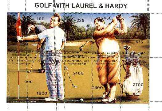 Touva 1995 Golf with Laurel & Hardy composite sheet containing complete set of 10 with perforations partly doubled, a fabulous variety unmounted mint, stamps on , stamps on  stamps on entertainments, stamps on golf, stamps on sport, stamps on clocks