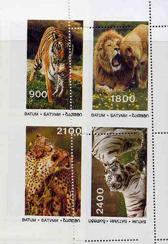 Batum 1995 Big Cats sheet containing complete set of 4, imperf at left with two perf strikes at right, a spectacular variety unmounted mint, stamps on , stamps on  stamps on animals, stamps on  stamps on cats, stamps on  stamps on tigers, stamps on  stamps on lions, stamps on  stamps on 