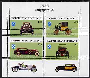 Easdale 1995 'Singapore 95' Stamp Exhibition (Cars) sheetlet containing perf set of 4 with  perforations partly doubled unmounted mint, stamps on , stamps on  stamps on cars, stamps on  stamps on stamp exhibitions