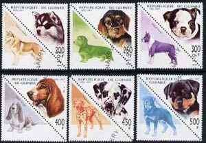 Guinea - Conakry 1997 Dogs complete triangular set of 6 (plus 6 labels) cto used*, stamps on , stamps on  stamps on animals    dogs     triangulars