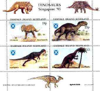 Easdale 1995 'Singapore 95' Stamp Exhibition (Dinosaurs #1 - Jurassic Period) perf sheetlet containing set of 4 with misplaced perforations unmounted mint, stamps on , stamps on  stamps on stamp exhibitions, stamps on  stamps on dinosaurs